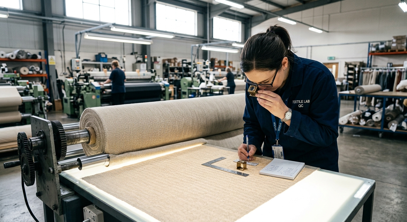Quality control inspector examining fabric weight on a factory inspection table