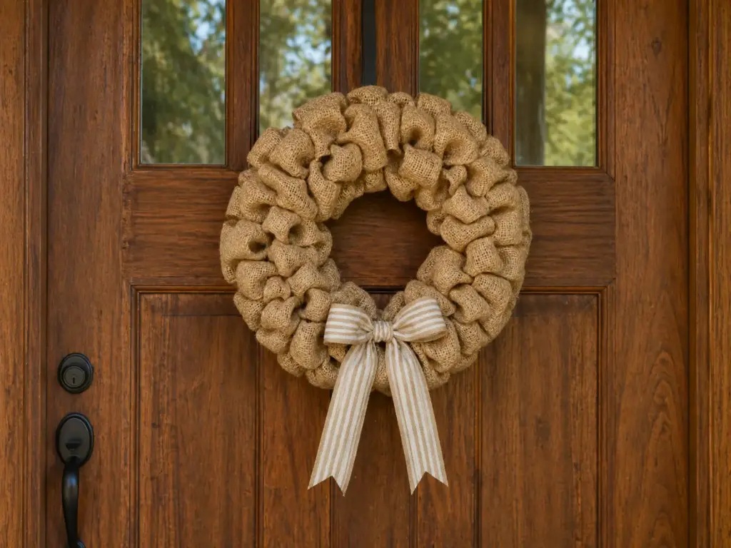 Shows a completed burlap wreath with a simple bow, hung on a front door — demonstrates a typical finished result.