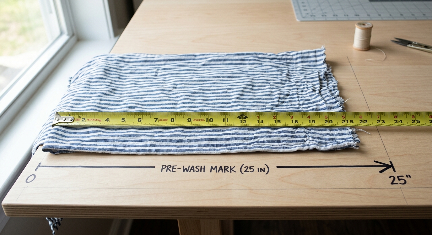 Measuring fabric shrinkage with a tape measure on a cutting table