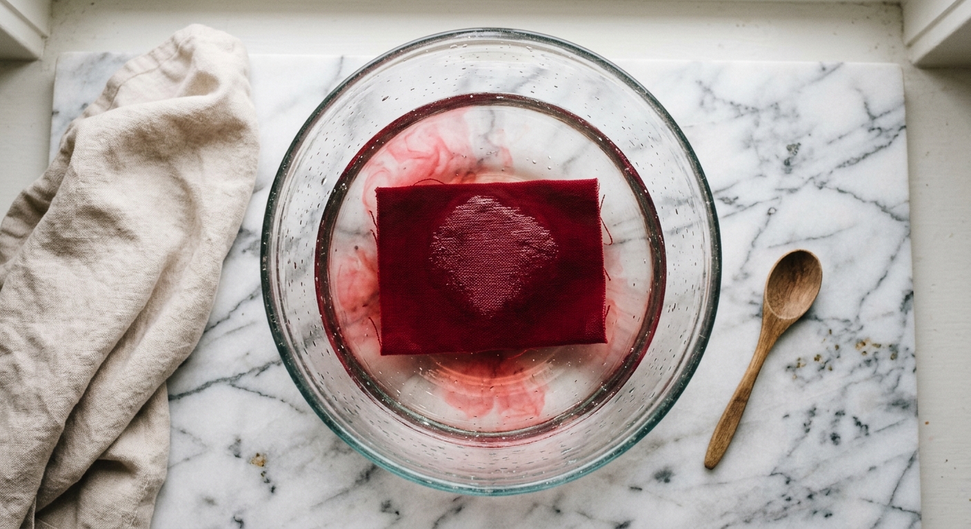 Fabric dye bleeding test with a red swatch soaking in a bowl of water