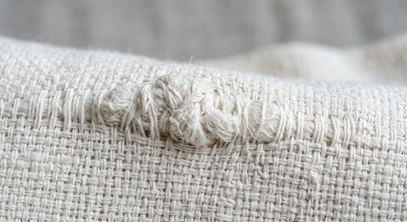 Close-up of a weaving defect in white cotton fabric