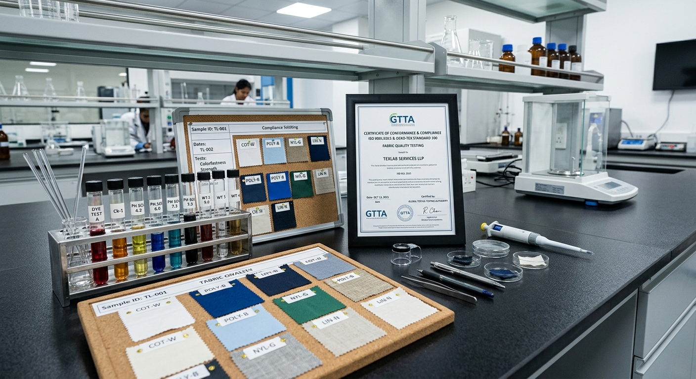 Textile testing laboratory with fabric swatches and compliance documents