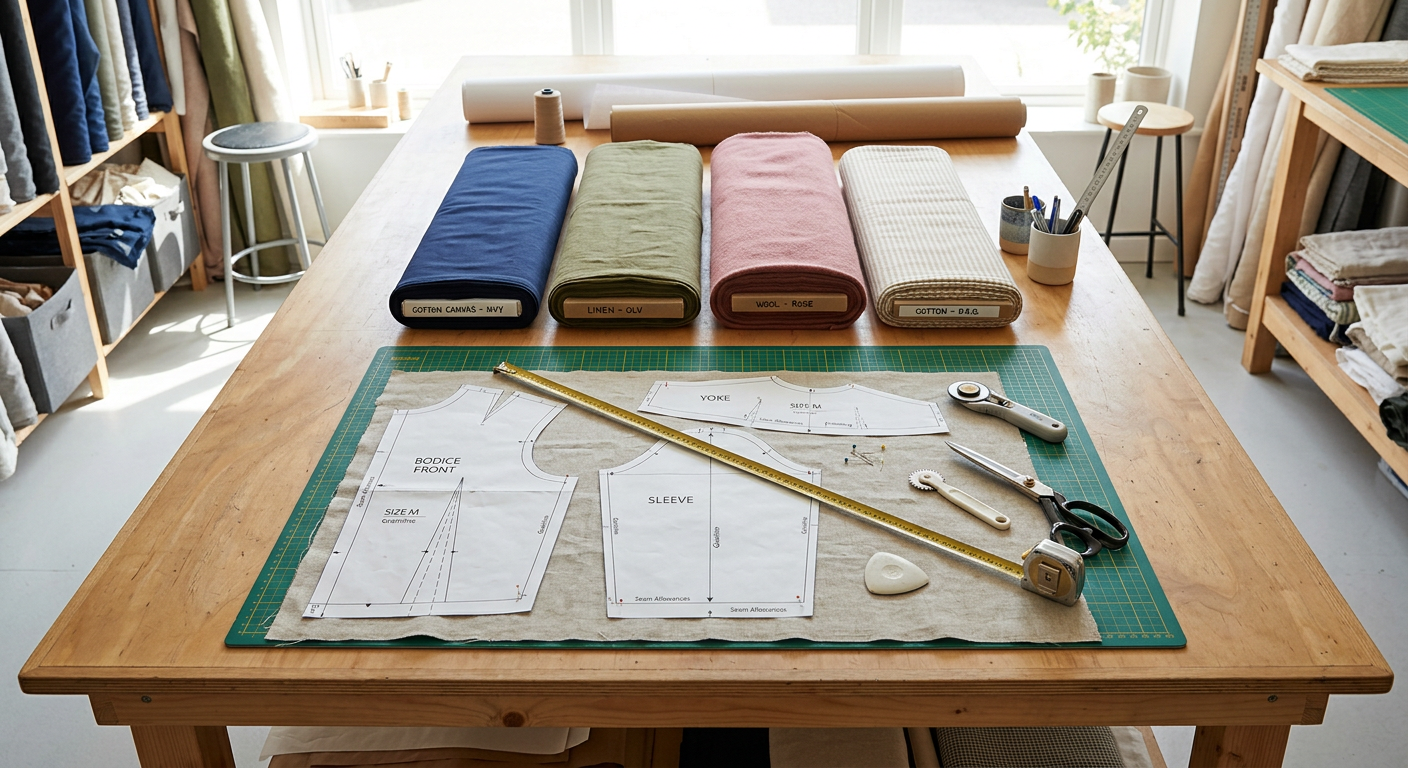 Organized cutting table with pattern pieces and fabric bolts ready for yardage calculation
