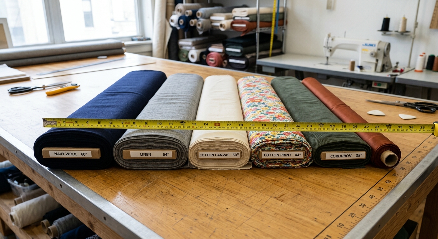 Several fabric bolts of different widths side by side with a measuring tape showing width comparison