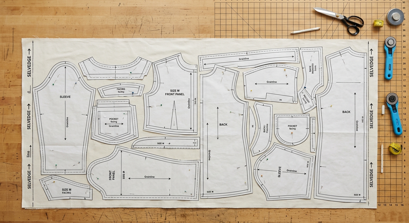 Pattern pieces arranged in a tight marker layout on fabric to minimize waste