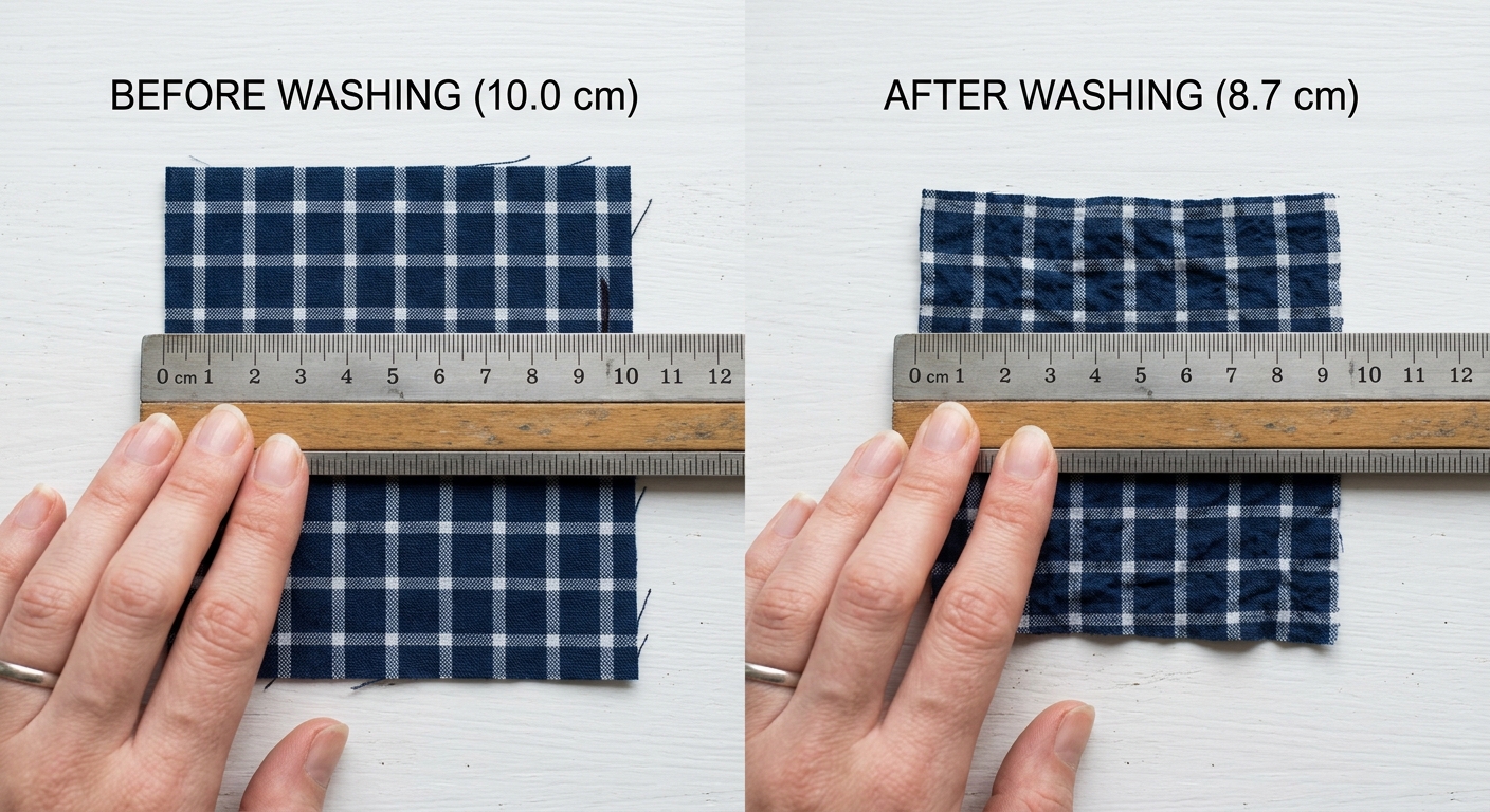 Fabric swatch being measured before and after washing to test shrinkage rate