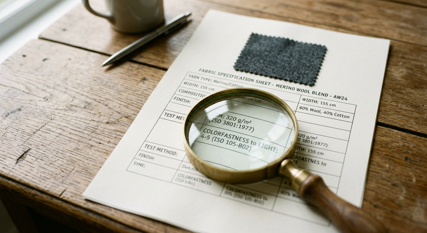 Close-up of a fabric specification sheet with magnifying glass over GSM and colorfastness fields