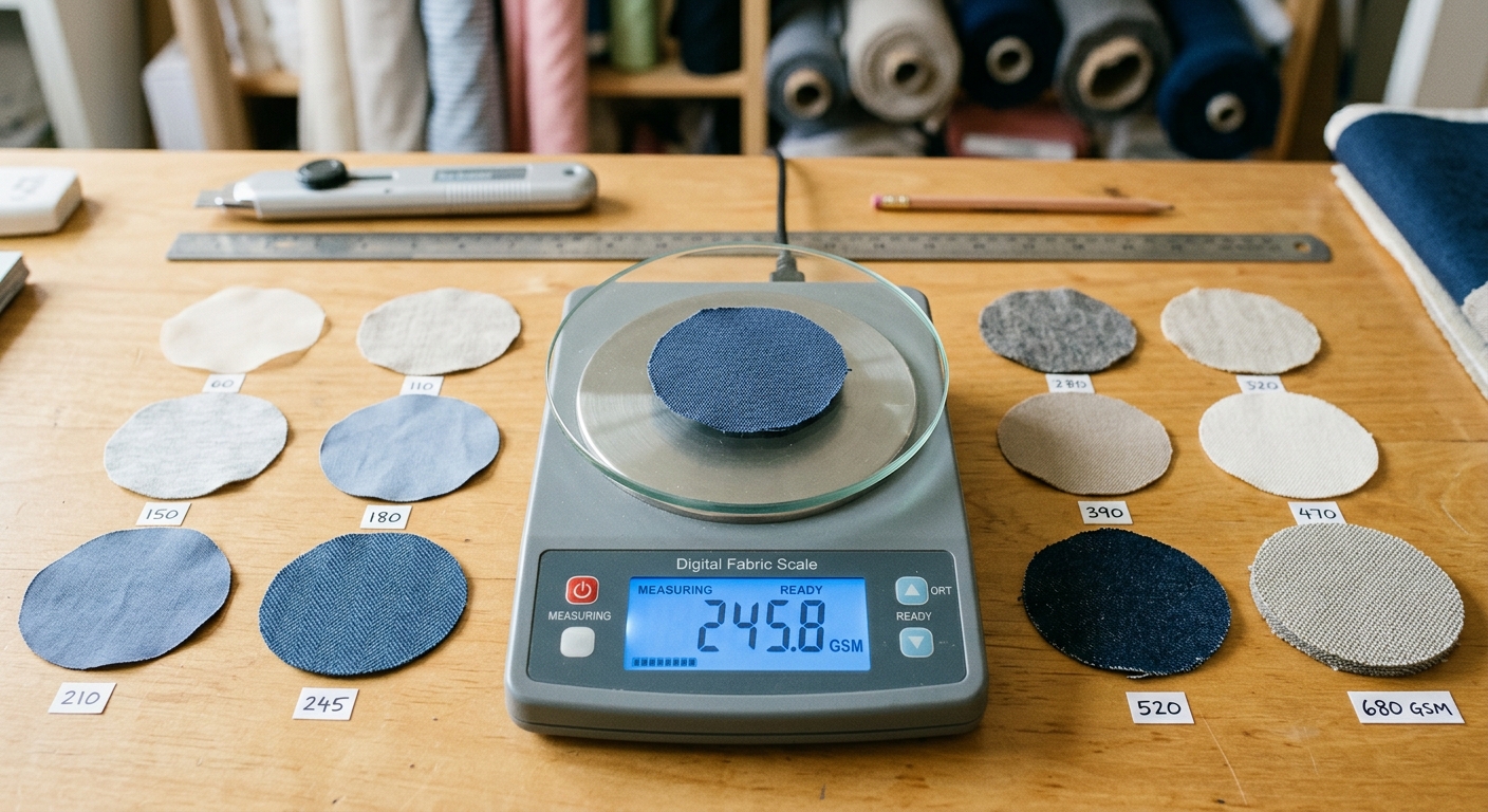 Digital fabric scale weighing a circular fabric swatch to measure GSM