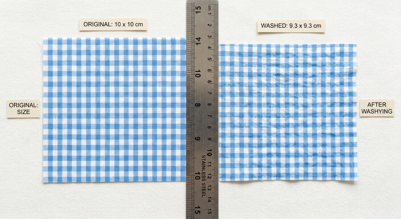 Two fabric swatches showing size difference before and after washing with ruler for measurement