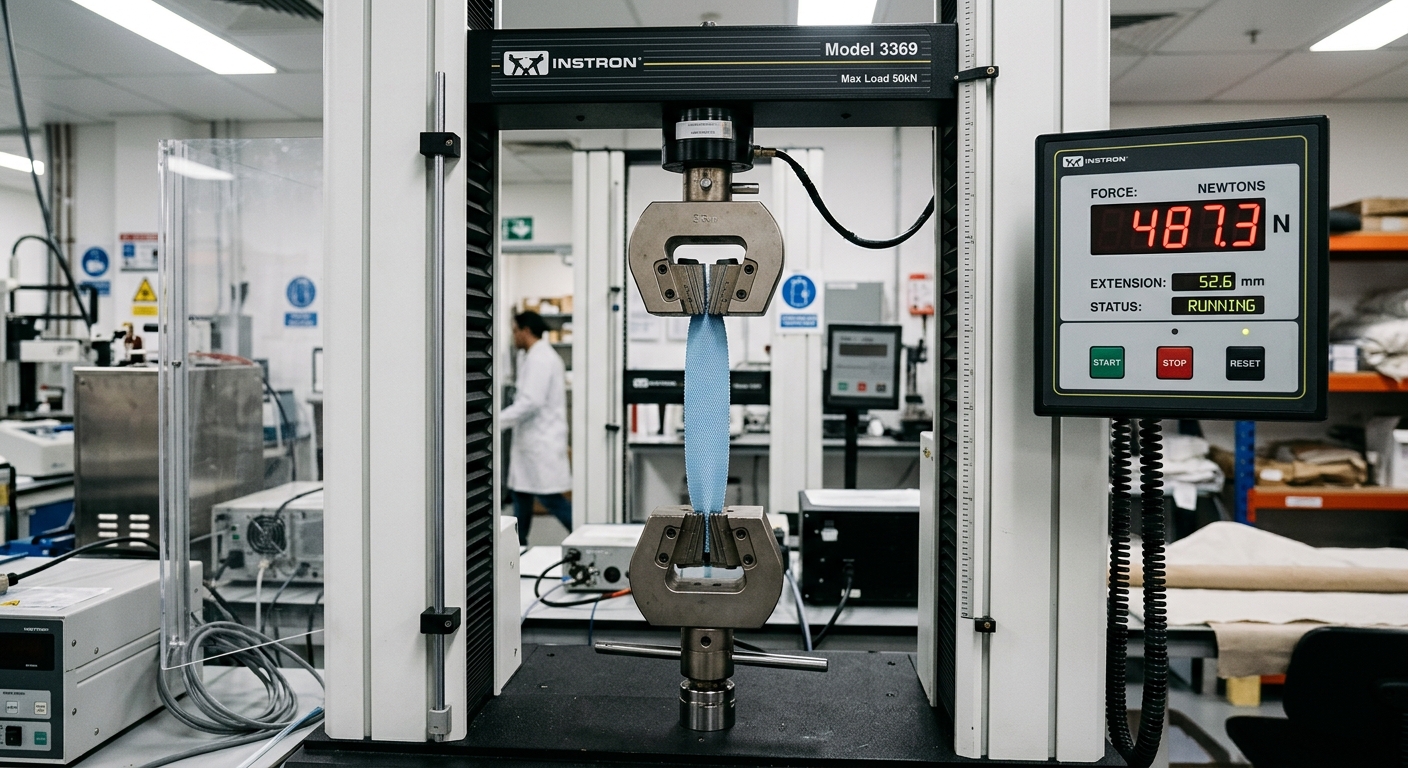 Fabric tensile strength testing machine gripping a fabric strip with digital force readout