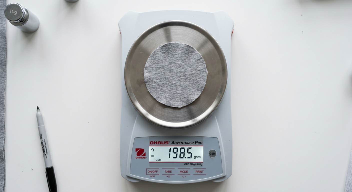 Digital fabric scale showing GSM weight measurement of a cotton jersey swatch