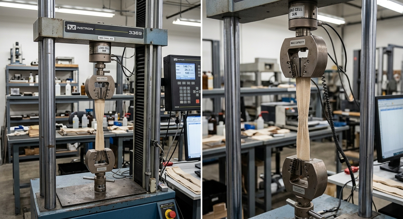 Fabric tensile strength testing machine gripping and stretching a strip of woven fabric