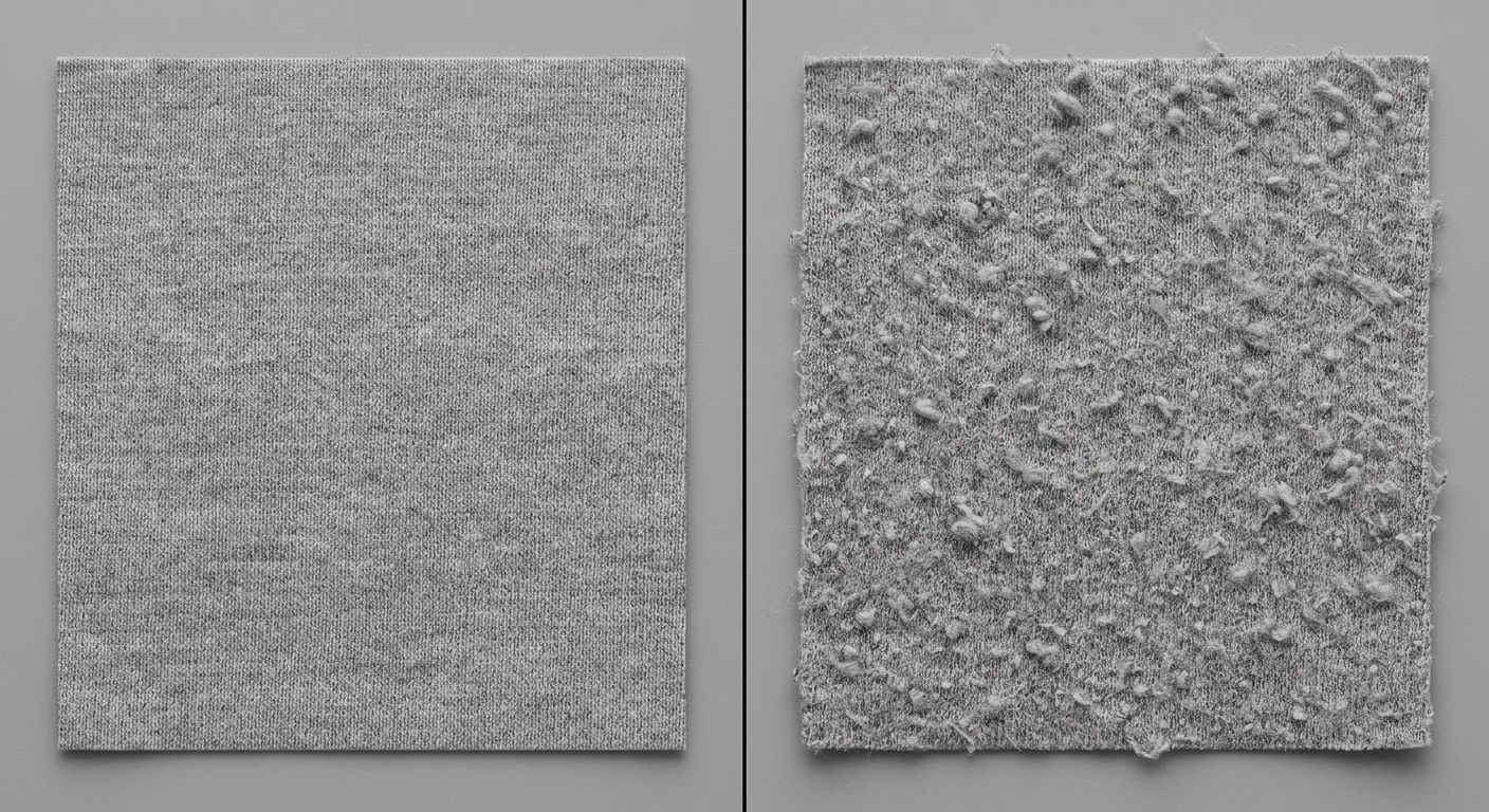 Comparison of fabric with no pilling versus heavily pilled fabric surface