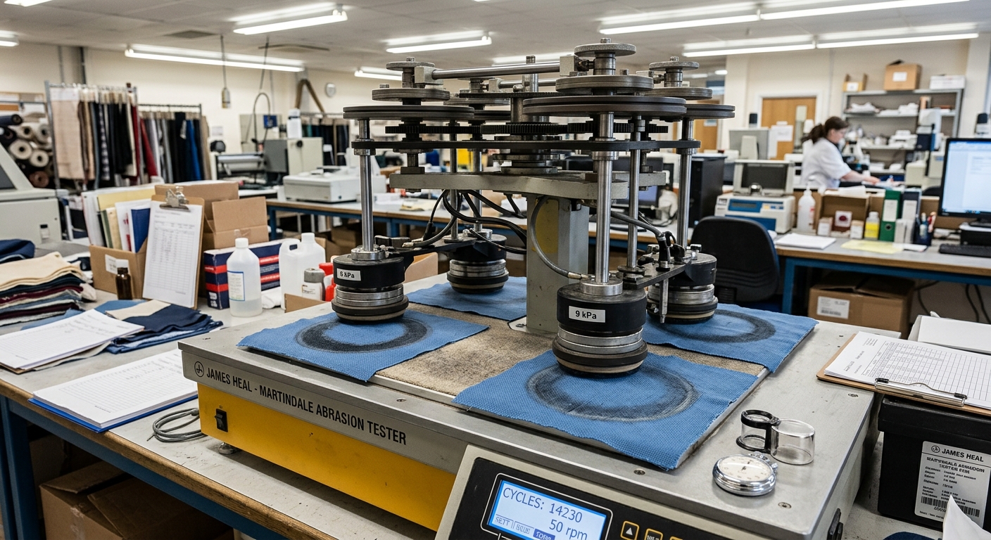 Martindale abrasion testing machine with multiple test heads rubbing fabric samples