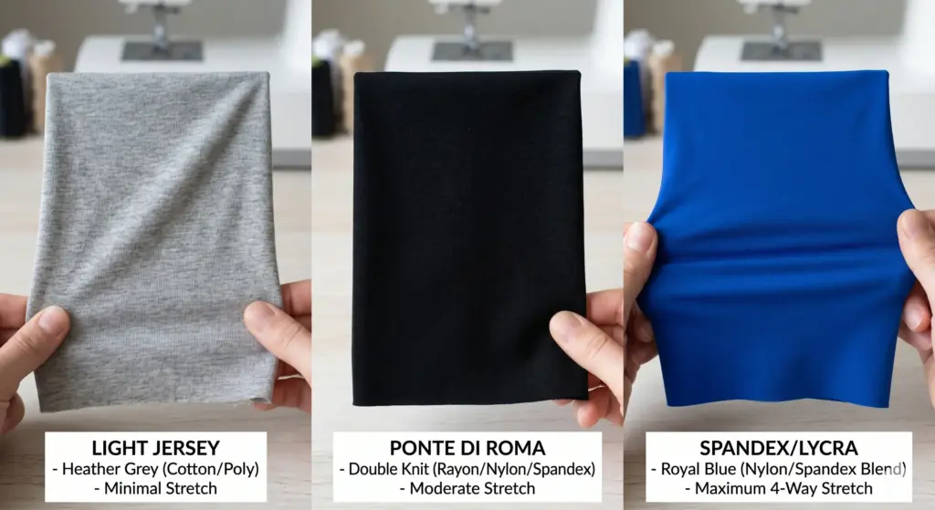 Visually contrasts light, medium, and high-stretch fabrics to support the stretch-level table above.