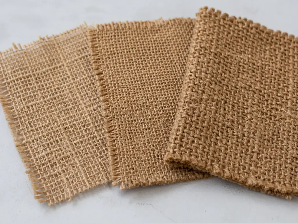 Shows three burlap samples at different weights side by side, supporting the GSM section.