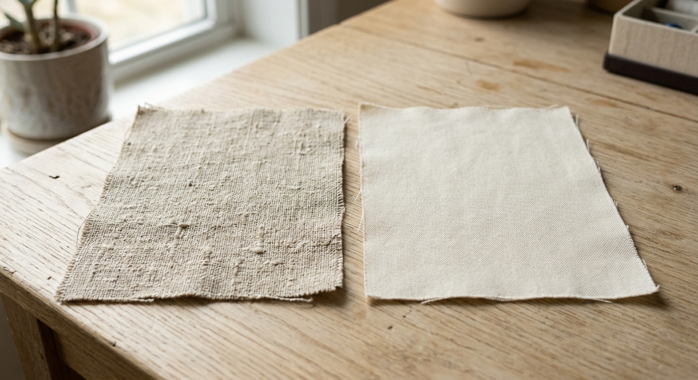 Close-up texture comparison of linen and cotton fabric swatches on a wooden surface