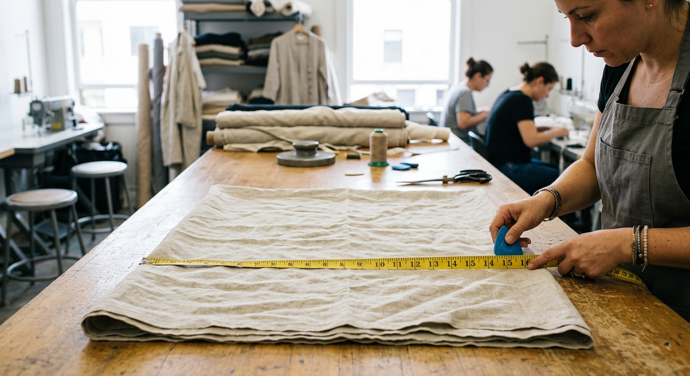 Measuring tape on linen fabric in a garment production workshop showing shrinkage testing