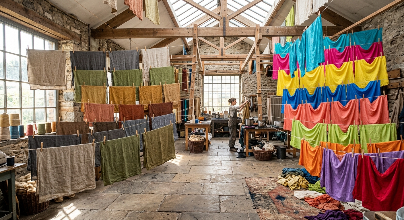 Dyed linen in earth tones and dyed cotton in bright colors hanging to dry in a textile workshop