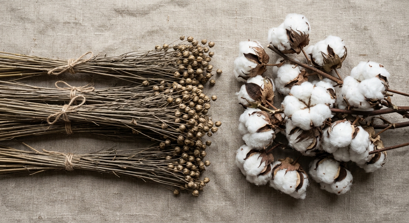 Flat lay of raw flax stalks and cotton bolls on a neutral linen background