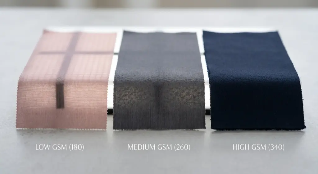 Three stretch fabric samples at different GSM levels laid flat side by side — lightweight / mid-weight / heavy.