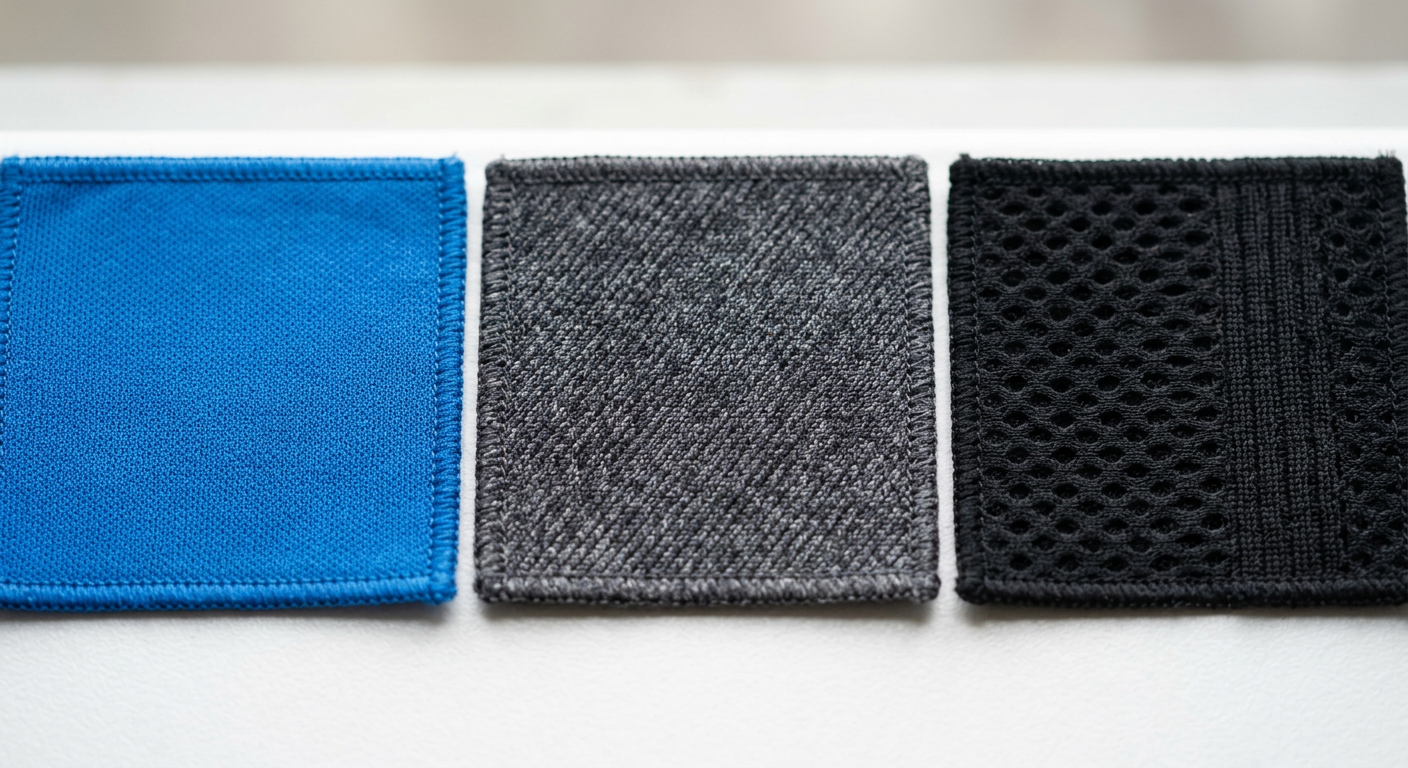 Close-up comparison of polyester interlock, nylon tricot, and merino jersey activewear fabrics