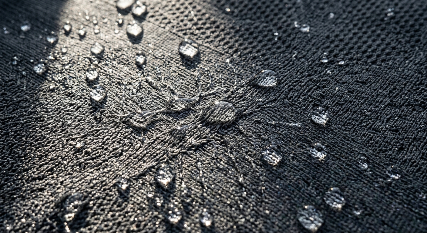 Water droplets demonstrating moisture-wicking capillary action on performance fabric
