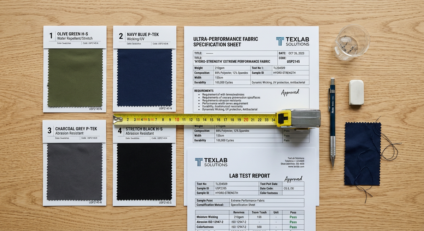 Fabric spec sheet with activewear swatches and lab test reports for bulk ordering