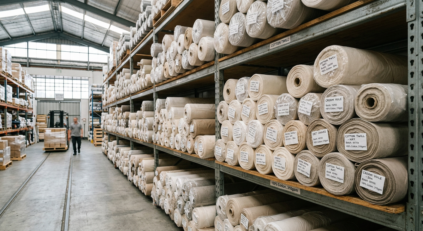 Rolls of wholesale cotton fabric stacked on warehouse shelves