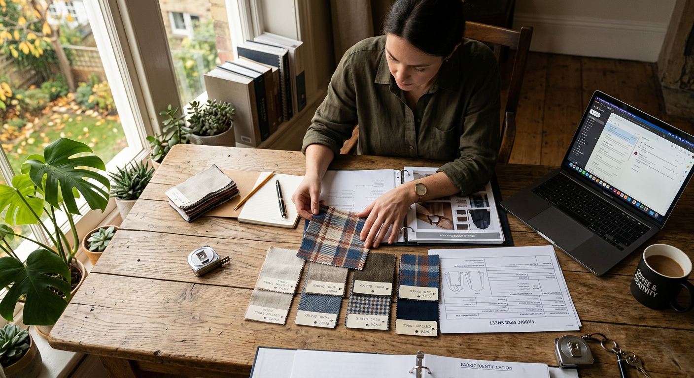 Buyer reviewing fabric swatches and supplier spec sheets on a desk