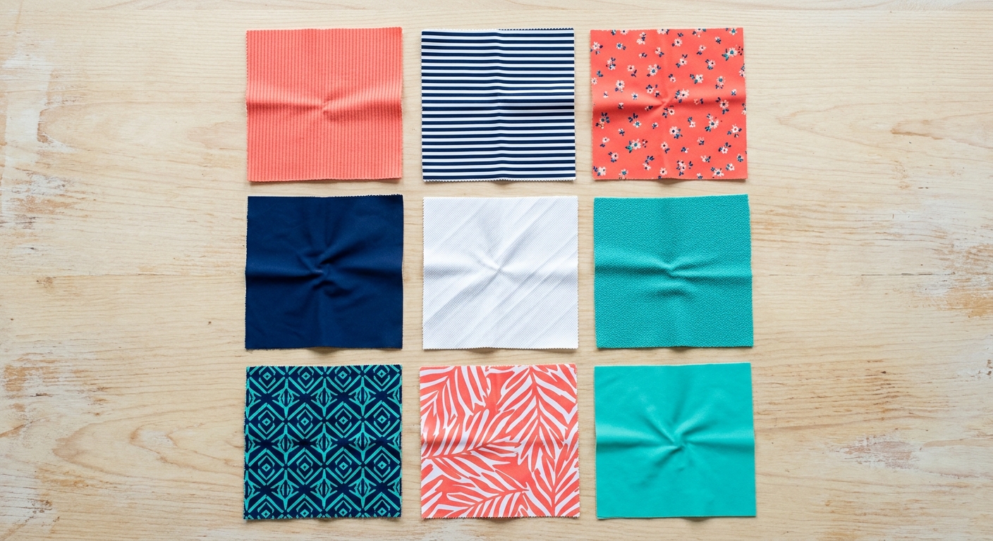 Colorful swimwear fabric samples arranged flat lay