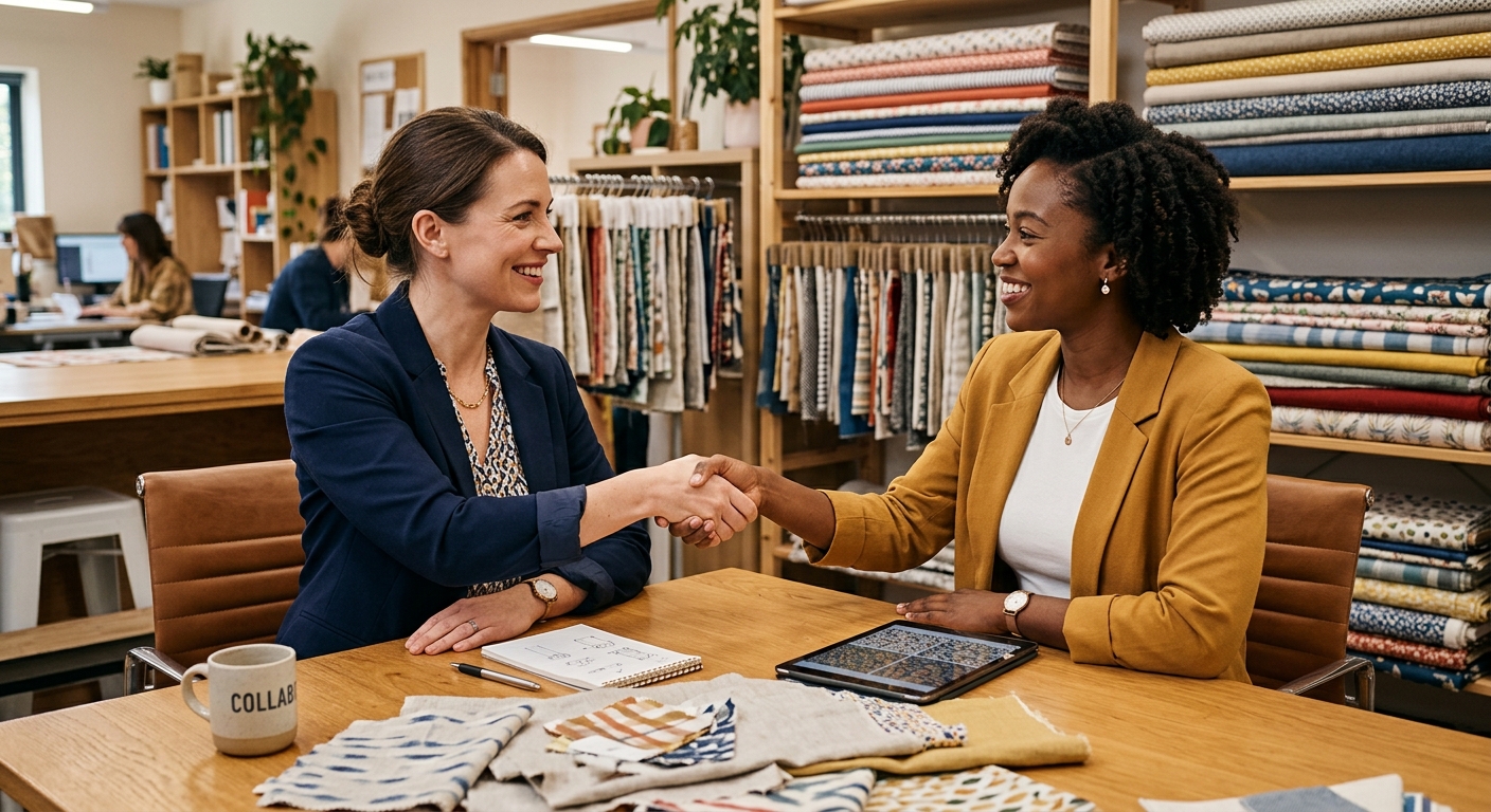 Two professionals shaking hands in front of fabric inventory