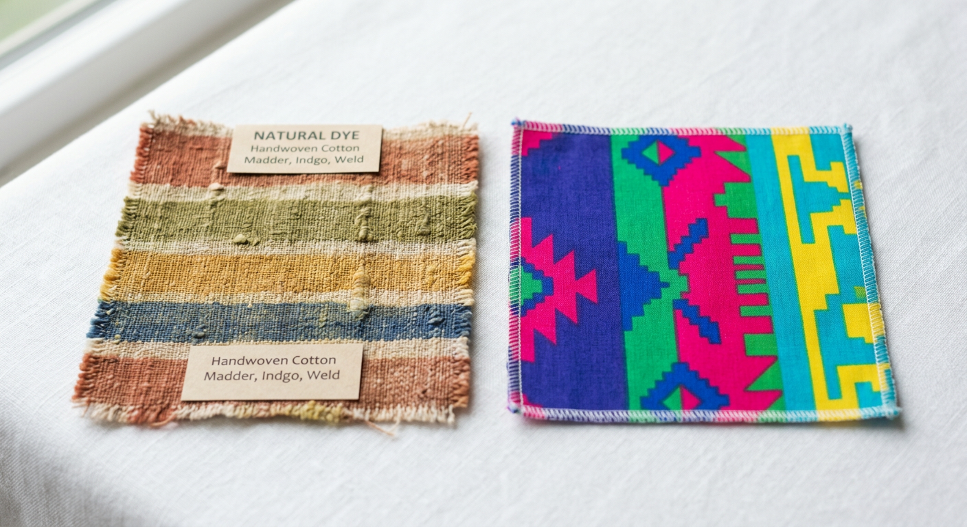 Two fabric swatches comparing natural and synthetic dye color vibrancy side by side