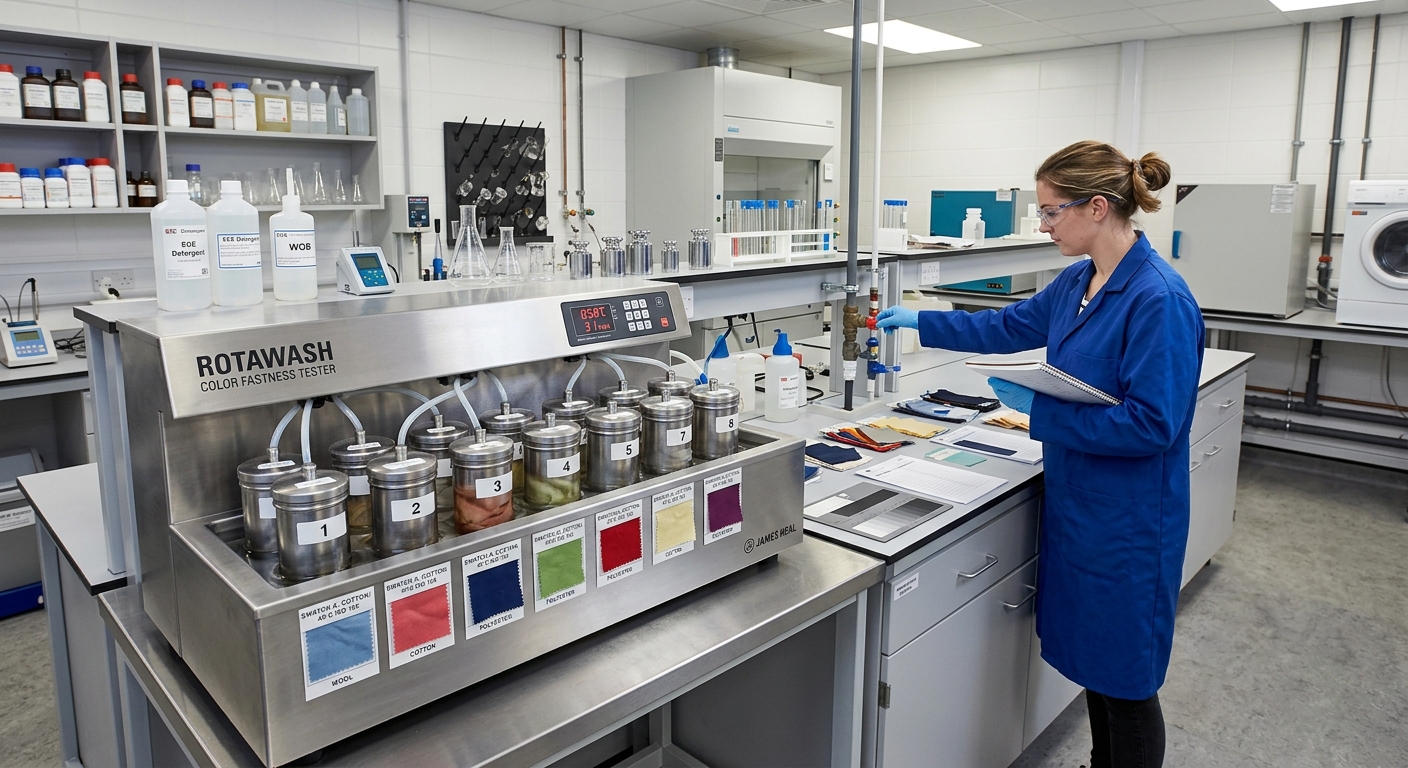 Fabric colorfastness testing equipment in a textile laboratory