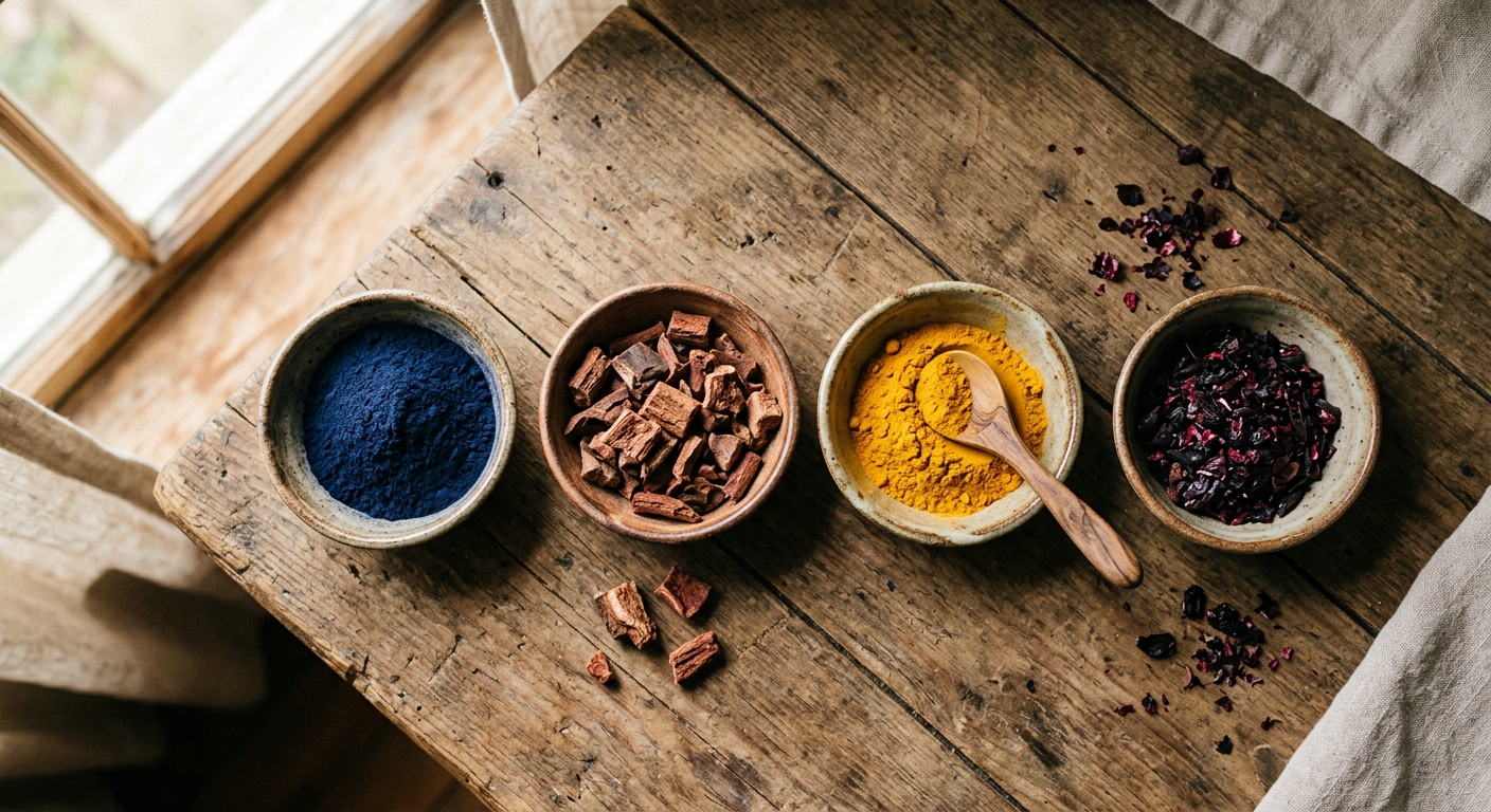 Natural dye ingredients including indigo powder turmeric and madder root in small bowls