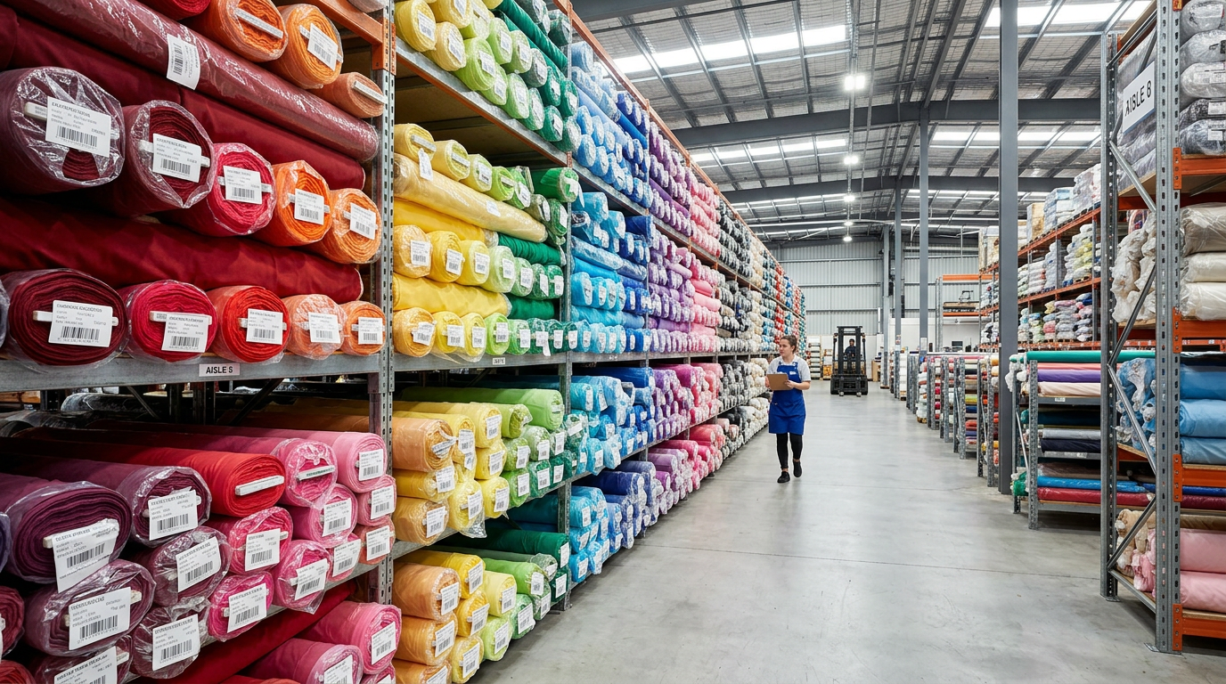 Colorful wholesale fabric bolts on industrial shelving in a fabric warehouse