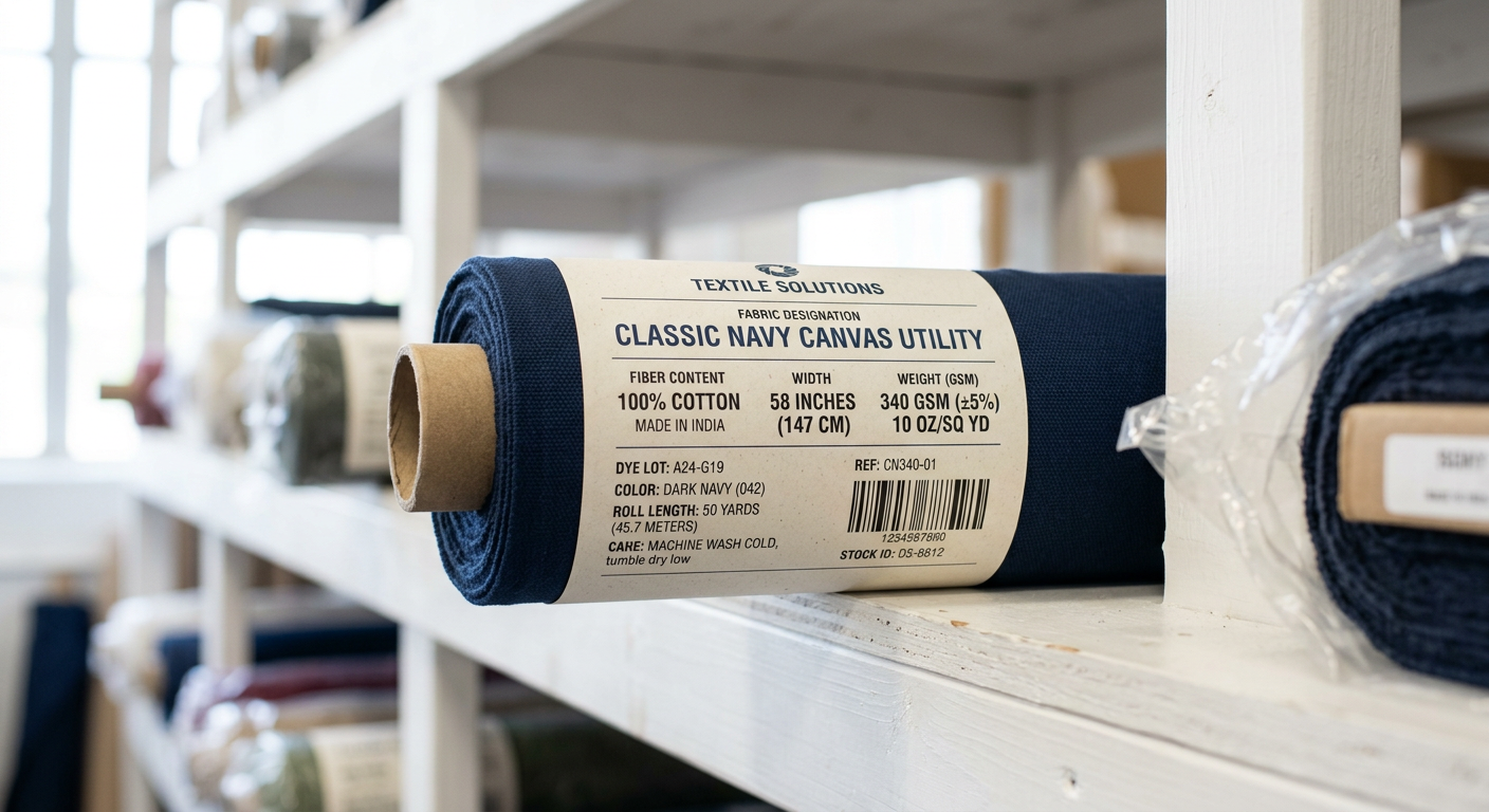 Detailed fabric bolt label showing GSM weight fiber content and width specifications