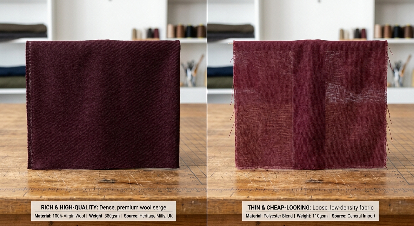 Comparison of high-quality and low-quality fabric swatches side by side