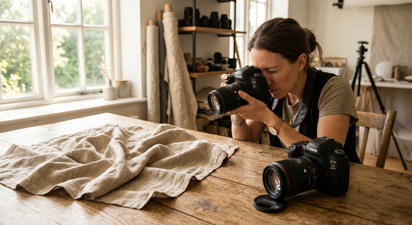 Photographer capturing real product photos of draped fabric for an online store