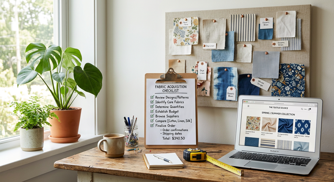 Organized fabric buying workspace with checklist swatches and laptop