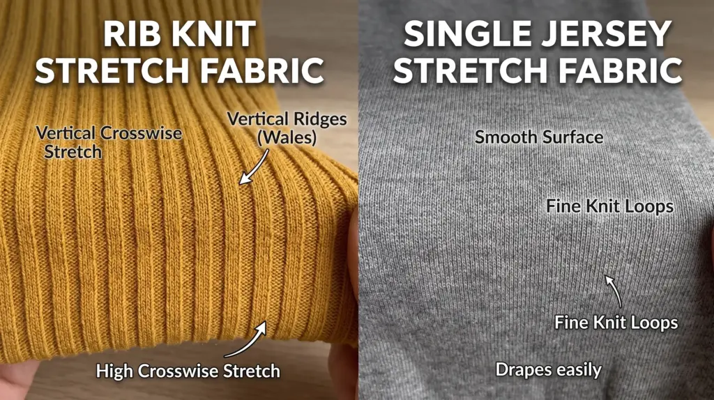 Side-by-side texture comparison to help sewists visually identify fabric type at purchase.