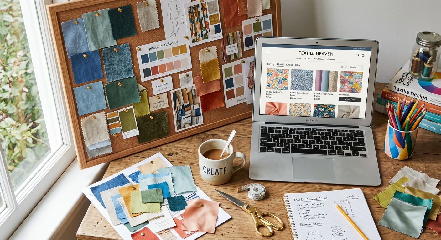 Mood board with fabric swatches and laptop showing an online fabric wholesale store