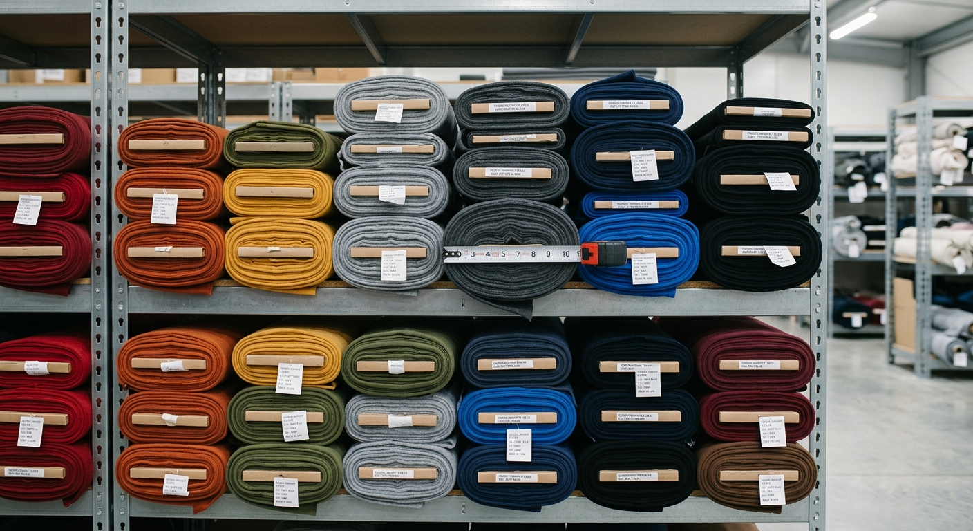 Stacked bolts of hoodie fleece fabric in various colors on a warehouse shelf with measuring tape