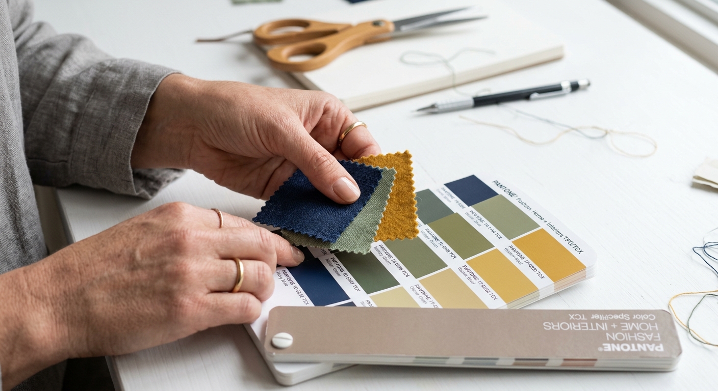 Designer comparing fabric swatches against a Pantone color card on a white desk