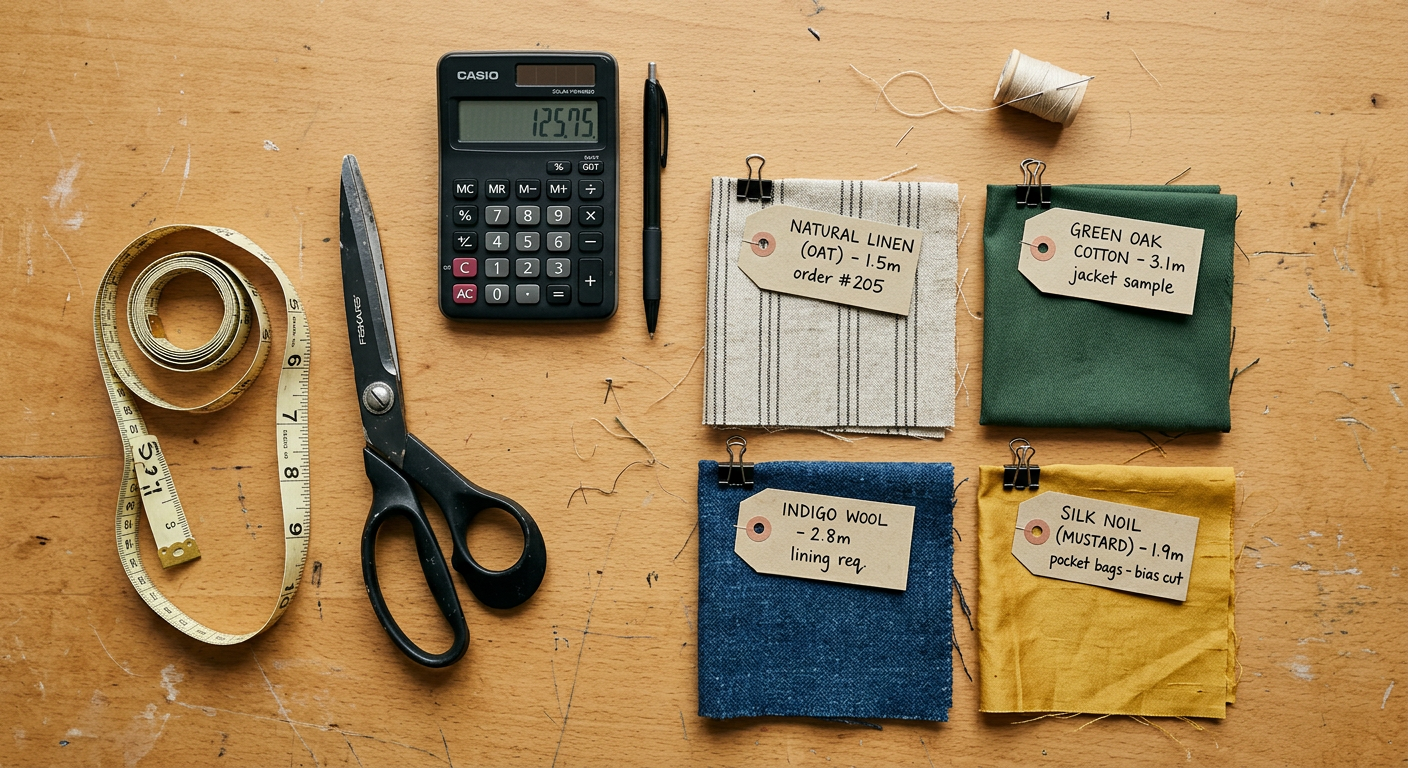 Flat lay of fashion production tools with fabric swatches, scissors, calculator, and handwritten notes