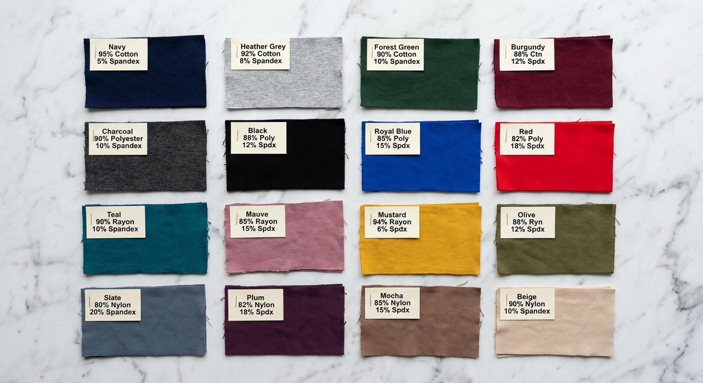 Stretch fabric swatches with different blend ratios arranged on a white surface