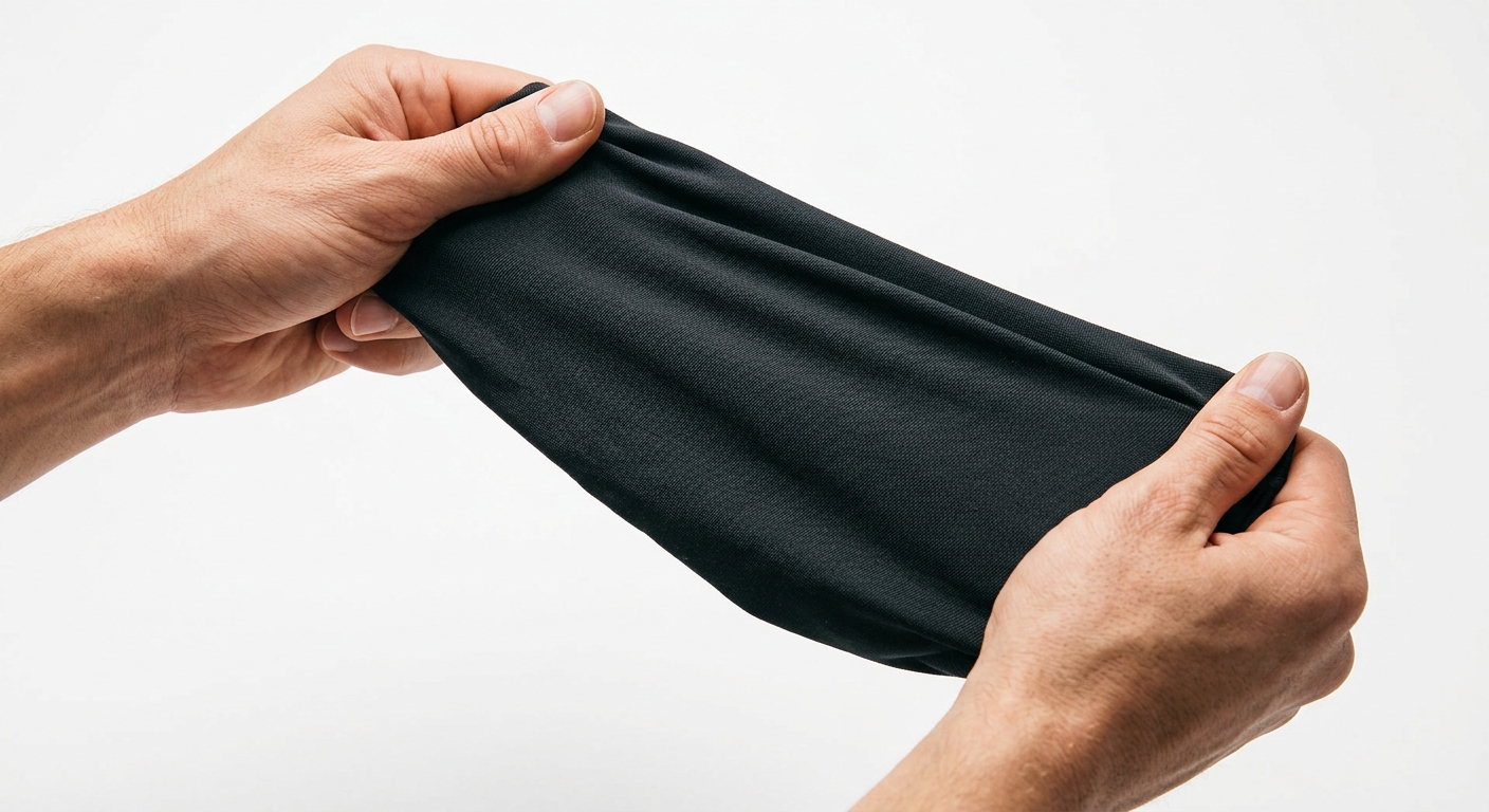 Hands demonstrating four-way stretch on dark athletic fabric