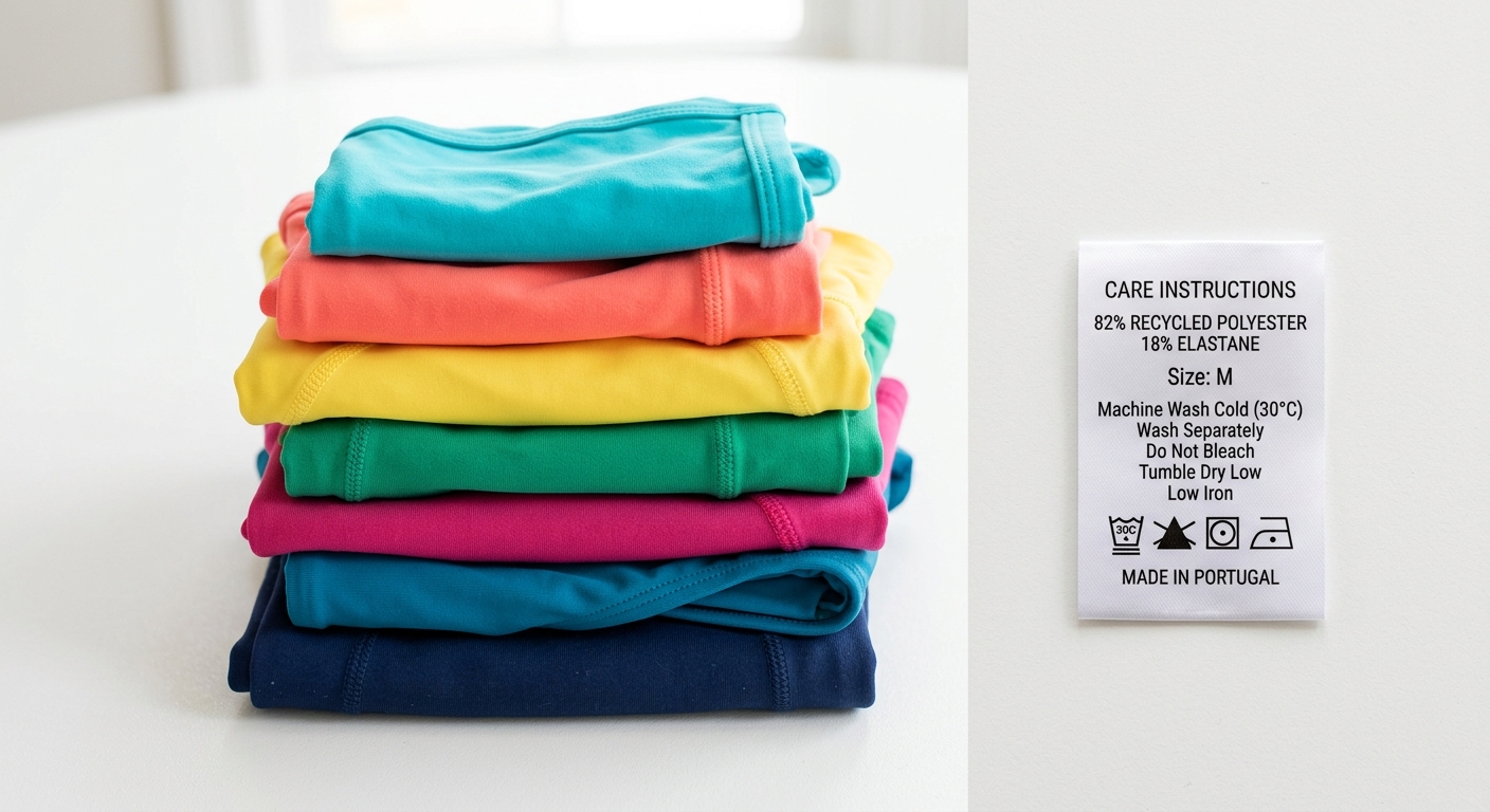 Folded stretch garments next to a fabric care label