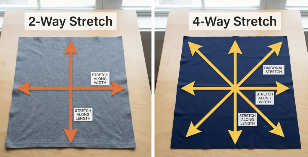 Shows stretch direction difference between 2-way and 4-way fabrics.