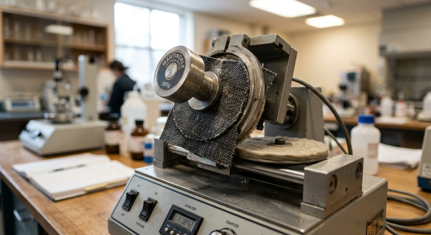 Fabric abrasion testing machine performing Wyzenbeek double rub test on upholstery swatch